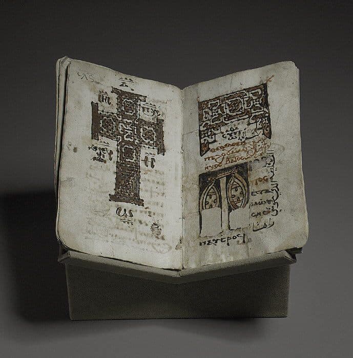 Open Coptic liturgical codex showing two columns of hand-written script.
