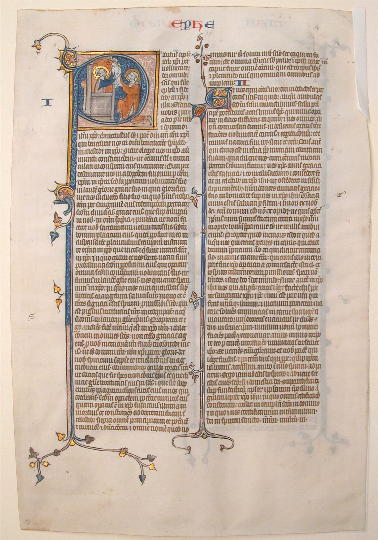 Illuminated manuscript leaf opening Saint Paul's Epistle to the Ephesians, with a decorated initial in gold and colour.